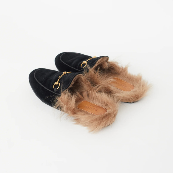 Gucci Princetown Velvet Fur-Lined Mule Black Size 6 - Picture 2 of 14
